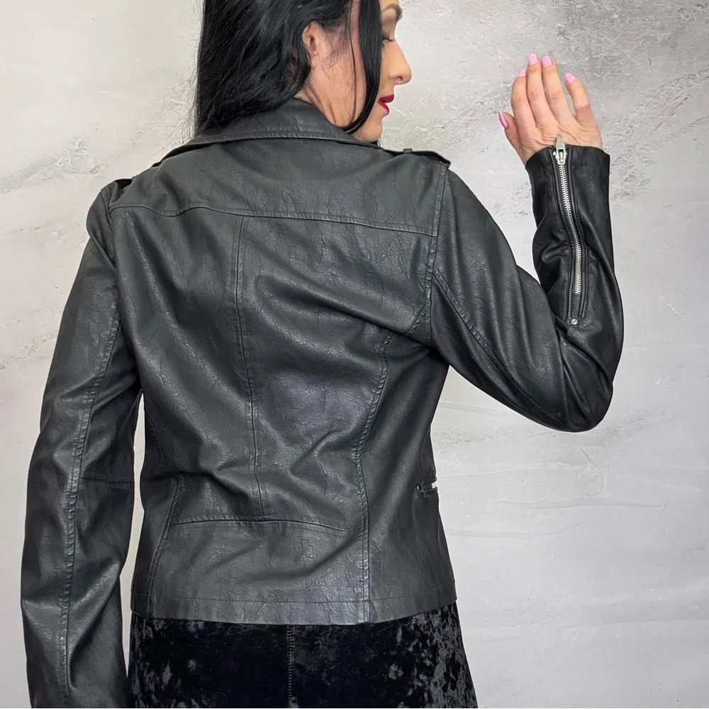 Black Leather Moto Jacket with Asymmetrical Zipper - Picture 3 of 6